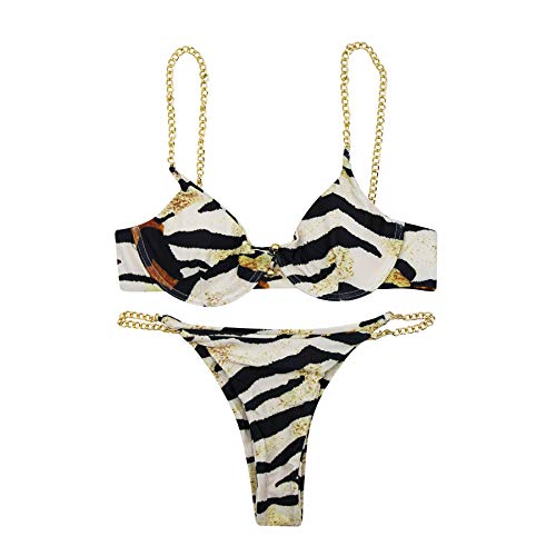 AIBEARTY Bikini sexy con cadena de metal para mujer, conjunto de 2 piezas, traje de baño para fiesta de playa - Multi - Small