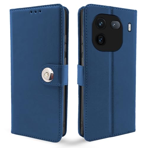Image of Pikkme iQOO 12 5G Flip Cover Leather Finish | Inside TPU with Card Pockets | Wallet Stand and Shock Proof | Complete Protection Button Flip Case (Blue)