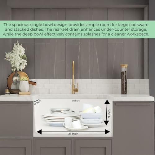 Image of BASINQU Quartz Sink for Kitchen | 21x18x9 Inches Quartz Kitchen Sink White | Granite Sink For Kitchen Basin UV Protected, Granite Scratch Resistant, Undermount /Topmount Sinks