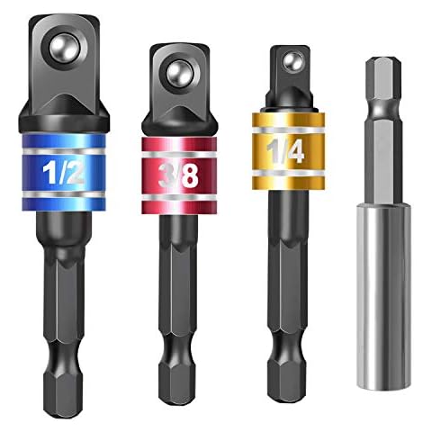 Impact Driver Socket Adapter Set with Magnetic Extension Bit Holder for 1/4 inch Hex Shank to Square Socket Turn Power Drill Into Nut Driver 4 Pieces Cover
