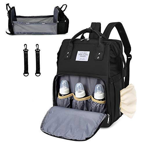 Baby Bag Backpack with Diaper Changing Station Stroller Straps Travel Mummy Backbag with Portable Nappy Bassinet Boy Girl (Black)