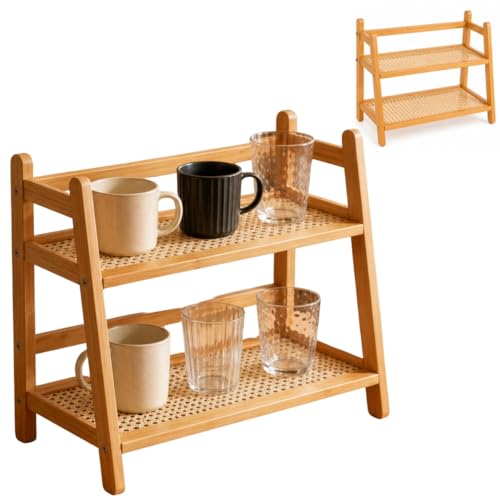 Organizador Multiuso de Bambu Natural, 2 Andares, com Apoio Estilo Palhinha, Versátil para Cozinha, Banheiro e Escritório Medidas 28x26x17.5cm