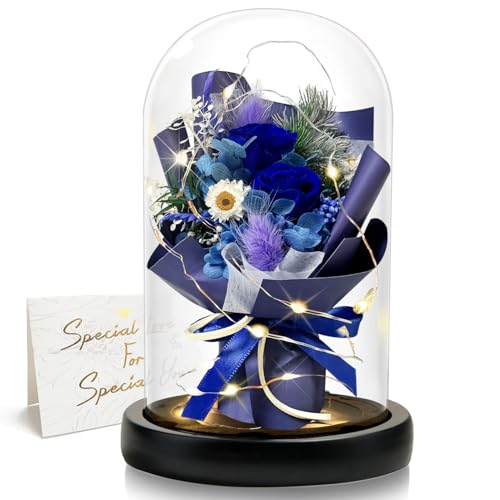 DINGHENG Cadeau pour femme - Rose éternelle dans un verre avec LED - Bouquet de roses bleues - Décoration de la maison - Véritables fleurs durables pour maman, petite amie, épouse, grand-mère (bleu)
