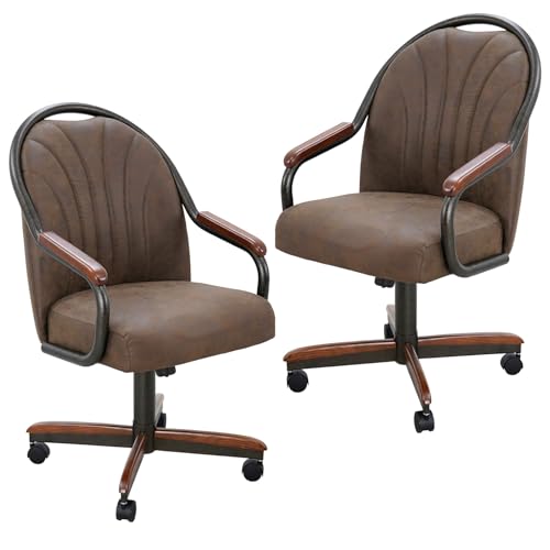Chromcraft Douglas Set of 2 Casual Dining Chairs Classic Swivel Tilt Dining Chairs with Casters, Wooden Arm Metal Base Chairs with Rolling Wheels for Kitchen & Dining Room (Mocha-Walnut)