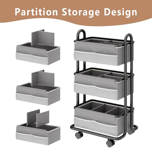 3-Tier Baby Diaper Caddy Organizer Cart, Mobile Nursery Storage Carts with Wheels, 3 Dividers & 6 Mesh Pockets Durable Metal Utility Cart for Nursery, Bedroom, Bathroom, Baby Essentials Organization — view 4
