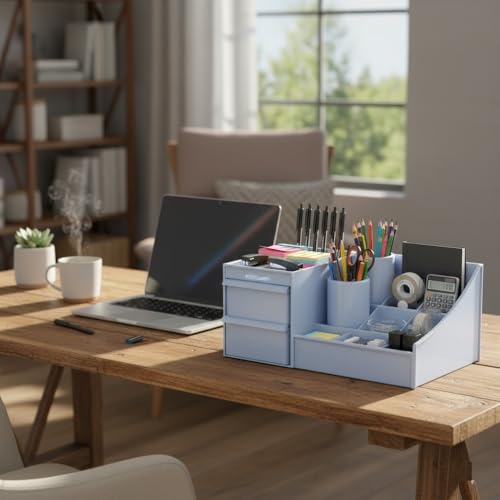 Image of ROKTRY Multi-Functional Desk Organizer for Office & Home - All-in-One Stationery Stand with 2 Drawers, Pen Holders,Premium Space-Saving Desktop Storage Box for Students,Gifting (Sky Blue)