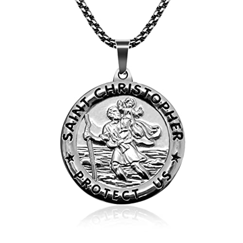Yuchew St Christopher Necklace Bless Safety Religion Pendant Gift Saint Christopher Medal for Family, Parent, Friend, Men, Women (Silver)