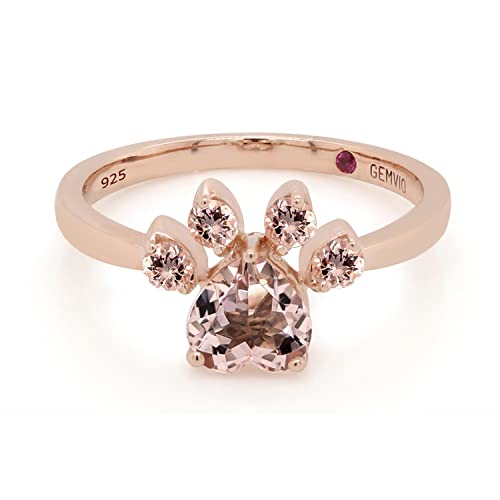 Gemvio Collection Blush 6Mm Heart Peach Morganite Gemstone Cat Paw Ring In 14K Rose Gold Over Sterling Silver Gifts For Womens Promise Anniversary Wedding Ring Size-7 #TOP2