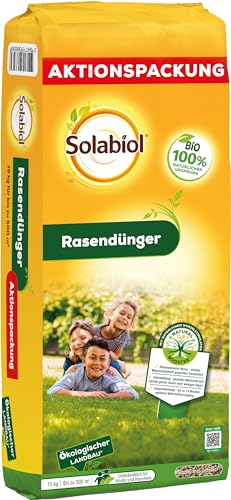 Solabiol Bio Rasendünger Aktionspackung, mit 120 Tage Langzeitwirkung für Frühjahr und Sommer mit natürlichem Wurzelstimulator, staubarmes Granulat, 15 kg Sack für 500m²