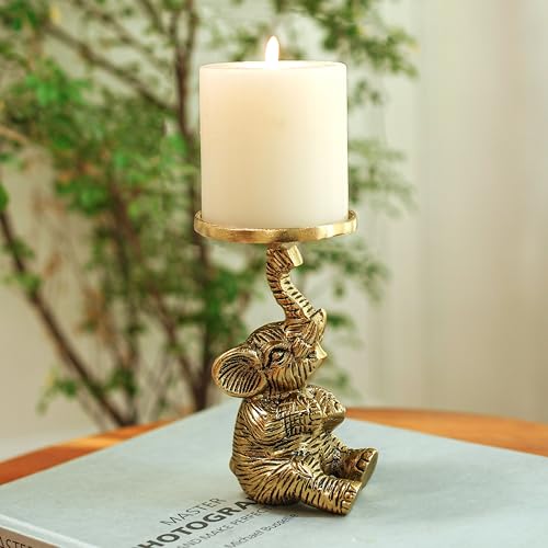 Image of BEHOMA Baby Elephant Candle Holder with Jasmine Scented Candle Jar | Handcrafted Gold Aluminum Gift Set with Natural Wax Candle for Home Decor, Housewarming, Christmas & Wedding Gifts