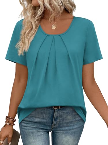 Image of WIHOLL Women T Shirts Pleated Short Sleeve Tops Business Casual Dressy Blouses