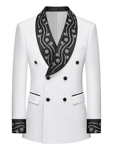Suits for Men Slim Fit Shawl Lapel Hot Fix Rhinestones Double Breasted Tuxedo Blazer Prom Party Event Banquet Business
