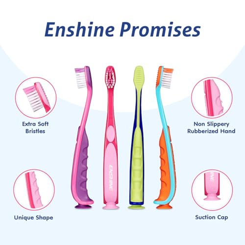 Image of Enshine Kids Toothbrush - Gentle Oral Care for Toddlers with Soft Bristles, Easy Grip, and Protective Cap (12+Months) (4 Toothbrushes)