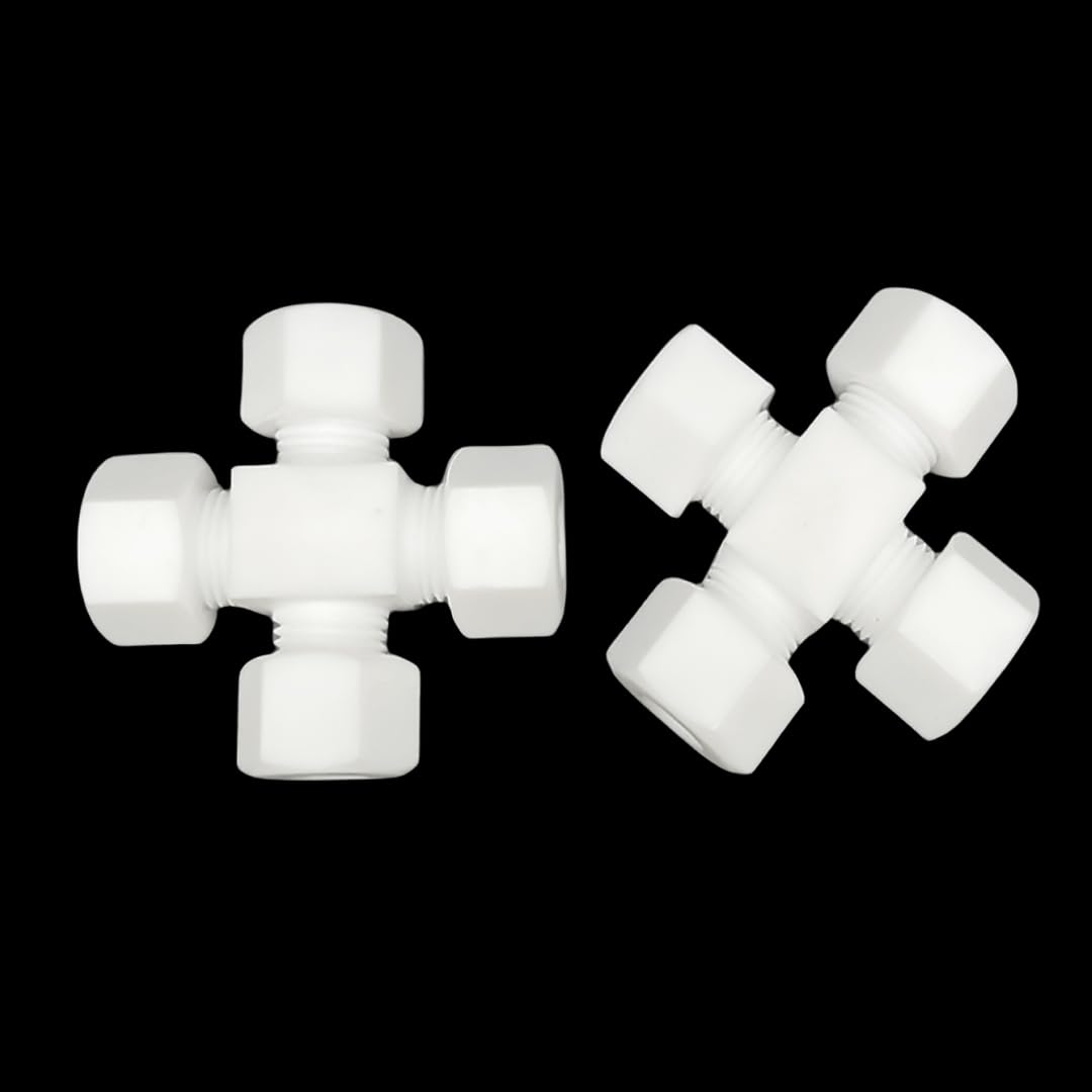 PTFE 4-Way Ball Valve, Threaded Connection PEFT Valve, Resistant Cross Type Connector Valve, 1pcs(OD9.525-9.525-9.525-9.525mm)