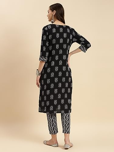 Image of rangita Black Cotton Printed Straight Kurta with Pant | Kurta Set for Women
