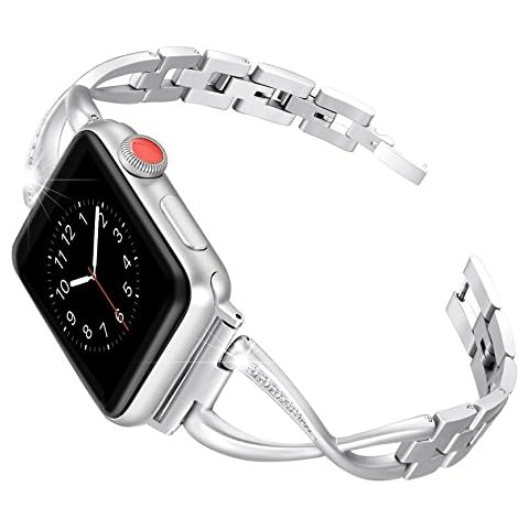 Secbolt Bands Compatible with Apple Watch Band 38mm 40mm 41mm 42mm(Series 10) Iwatch SE Series 10/9/8/7/6/5/4/3/2/1 Women Dressy Jewelry Stainless Steel Accessories Wristband Strap, Silver Cover