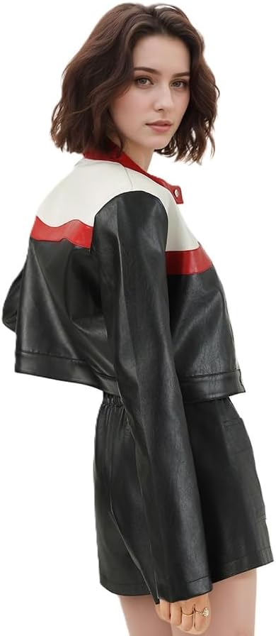 shamofeng Women Cropped Faux Leather Jacket Moto Biker Bomber Jackets Zip Up Motorcycle Coats - Image 9