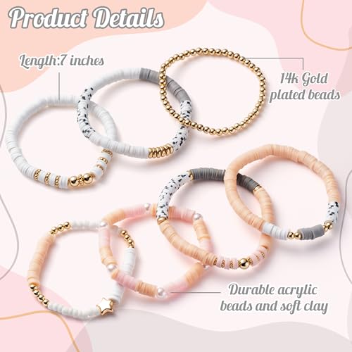 Y1tvei 7Pcs Christmas Pink Surfer Heishi Clay Bead Bracelet Set Boho Stackable Gray White Polymer Clay Beaded Layering Stretch Bracelet Gold Jewelry Summer Beach Friendship Bracelet for Women2