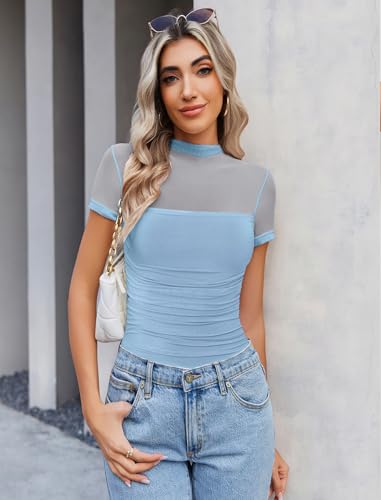 Image of Avidlove Women's Short Sleeve Bodysuit Turtle Neck Body Suits Mesh One Piece Leotard Going Out Tops Date Outfits