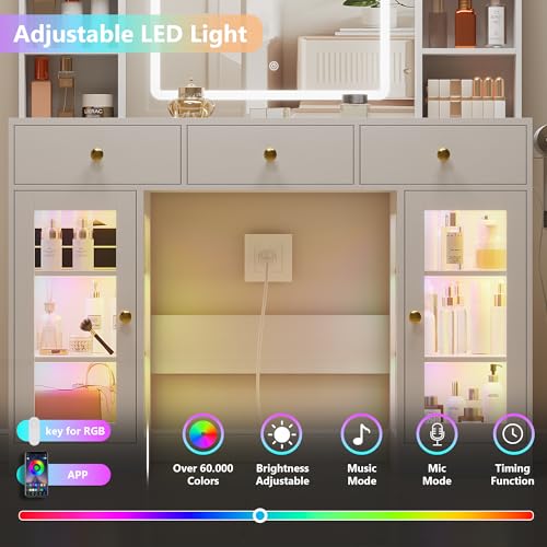 Image of White Vanity Desk with Mirror and Lights, Glass Top Vanity with Lighted Mirror & RGB Cabinet and 3 Drawers, Dressing Table with 8 Shelves, Makeup Desk with Lights for Girls Bedroom, 3 Color Modes