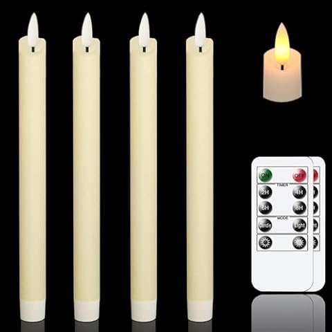 salipt Flameless Ivory Taper Candles Flickering with Timer and 10-Key Remote, Battery Operated LDE Warm 3D Wick Light Window Candles Real Wax Pack of 4, Christmas Home Wedding Decor(0.78" X 9.64") Cover