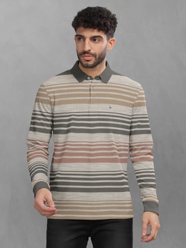 Image of BULLMER Striped Textured Printed Polo Neck Fullsleeve T-Shirt with Rib for Men