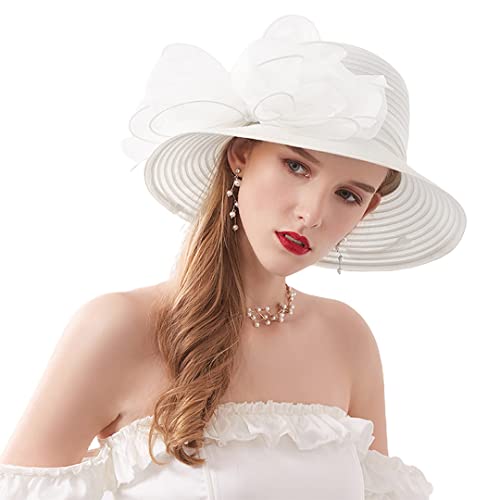 Haoohu Women's Church Derby Hat Wide Brim Bow Bucket Hat Wedding Dress Hat Fascinator Bridal Tea Party Hat White #TOP5