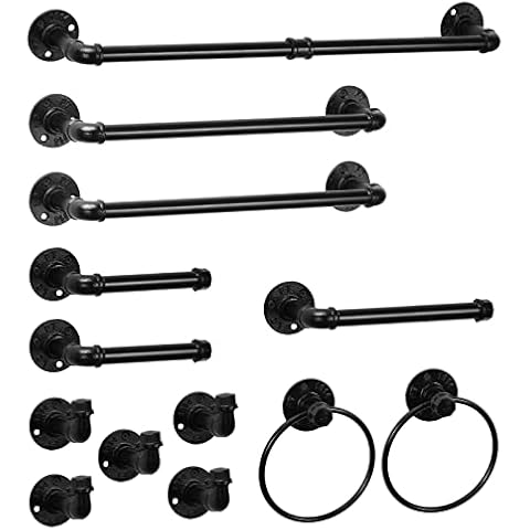 Industrial Bathroom Hardware Set, Rustic Bathroom Towel Bar Black, Wall Mounted Bathroom Towel Holder Sets with Toilet Paper Holder Pipe Towel Ring Robe Hooks and Kitchen Tissue Holder(13 Pieces) Cover