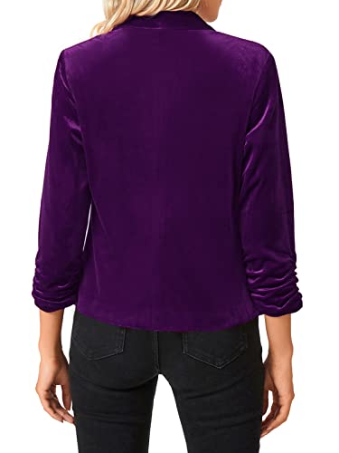 Mintlimit Women's Velvet Blazer 3/4 Ruched Sleeve Jacket Shawl Lapel Open Front Casual Blazers Jackets Purple #TOP5