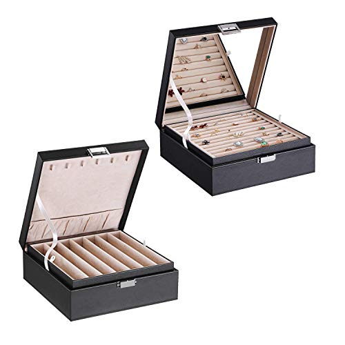 BEWISHOME Ring Organizer Earring Box Necklace Organizer Box for Women Girls,Black Faux Leather