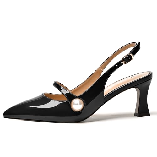 NUMALEO Womens Party Pointed Toe Slingback Fashion Patent Buckle Pearl Stiletto Mid Heel Pumps Shoes 2.5 Inch2