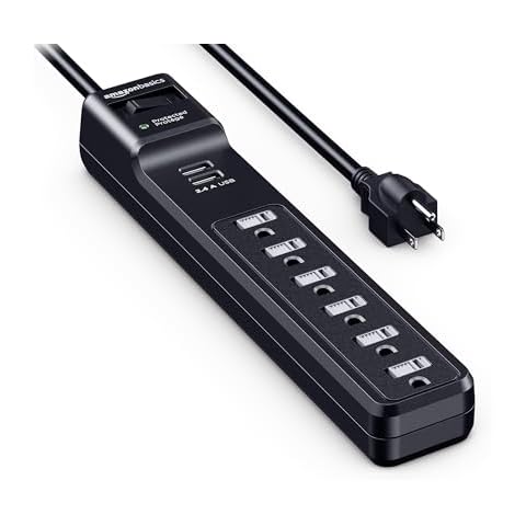 Amazon Basics 6-Outlet Surge Protector Power Strip with 2 USB Ports Cover