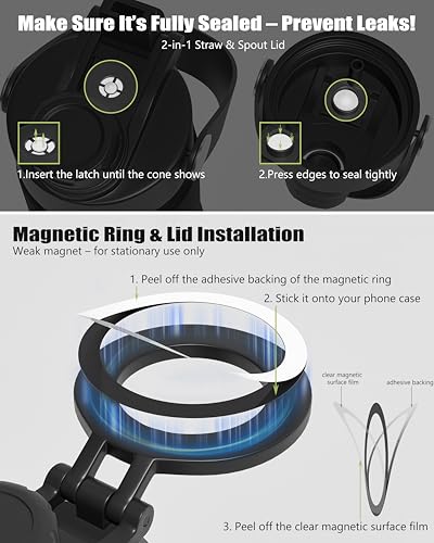 18 oz Insulated Water Bottle with 2 Lids & Magnetic Phone Holder