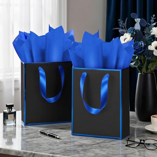 Image of Yeaqee 24 Pack Metallic Paper Gift Bags, Black, Blue | with Satin Ribbon Handle and Tissue, 9x7x3.1 Inch, Suit Business, Birthday, Christmas, Thank You Return Gifts Bags