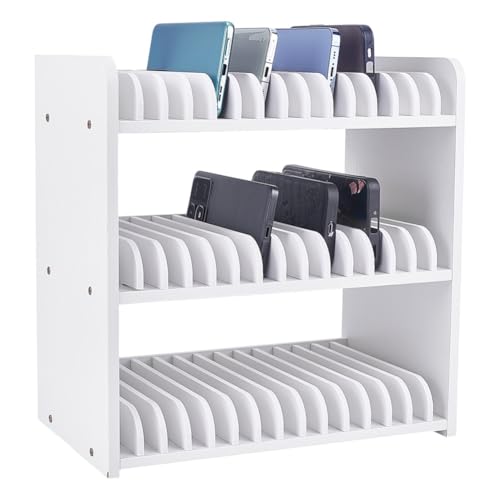 UNICRAFTALE 3-Tier White Wooden Phones Storage 45-Grid Classroom Cell Phone Holder Mobile Phone Desktop Organizer Storages Box Adjustable Multiple Cell Phones Rack Caddy for Classroom