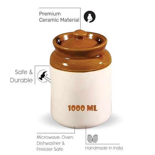 Image of Handmade Ceramic Pickle Jar With Lid (Set Of 2) | Achar Container | 1000Ml Containers For Pickles & Spices | Ceramic Jars For Kitchen Storage |1 Kg Achaar Martban | Salt Container, Brown