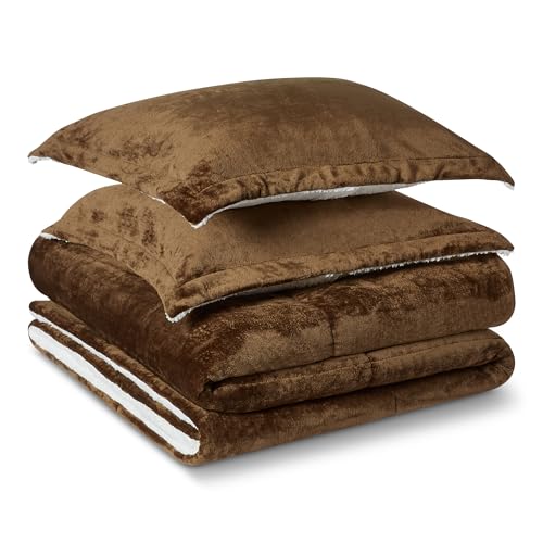 Amazon Basics Reversible Sherpa Comforter Set with Pillow Sham, Brown, Queen/Full