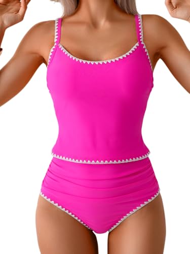 Image of Eomenie Tankini Swimsuit for Women Tummy Control Ruched Two Piece Bathing Suits High Waisted Shell Stitch Swimwear