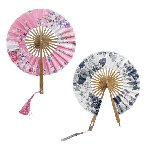 GZGXKJ Lot de 2 Éventails à Main Éventail Japonais Eventail Rond Pliant en Tissu de Soie Bambou Éventail Pliable en Bois pour la Danse Femme Mariage Fête...