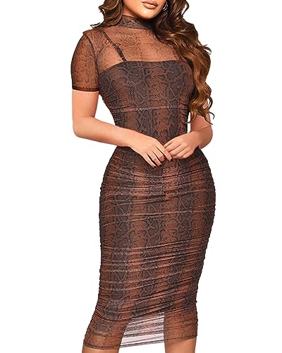 Image of MOEENCN Sexy Long Sleeve Midi Dress for Women Sheer Mesh Printed 2 Piece Skirt Set Crew Neck See Through Bodycon Party
