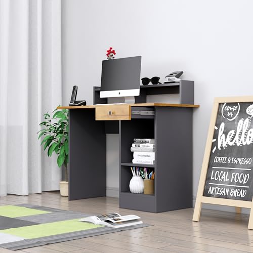 Image of Bniture Wooden Study Table for Home | Engineered Wood Study Table with Book Shelf | Multi Purpose Computer Desk for Study & Writing | Laptop Table with Drawers & Storage Shelf, Slate Grey & Giant Wood