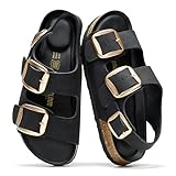 Project Cloud 100% Genuine Leather Beach Sandals for Women 2026 with Lightweight & Comfortable Slides for Women - Non Slip with Memory Foam Slingback Womens Sandals 2026 (Garda, Black Rosegold,9M)
