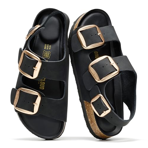 Project Cloud 100% Genuine Leather Beach Sandals for Women 2026 with Lightweight & Comfortable Slides for Women - Non Slip with Memory Foam Slingback Womens Sandals 2026 (Garda, Black Rosegold,9M)