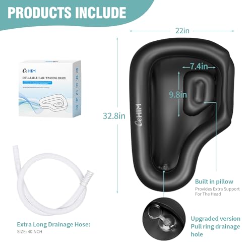 Portable Inflatable Shampoo Basin for Bedridden and Kids - Hair Washing Tray for Sink at Home with Fast-Drain Slope, Neck Support and Drain Hose - Hospital PVC Hair Washing Station (Black, Large)