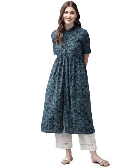 Women Pure Cotton Floral Print Straight Designer Kurta | Regular Wear | Mandarin-Neck | Short Sleeve