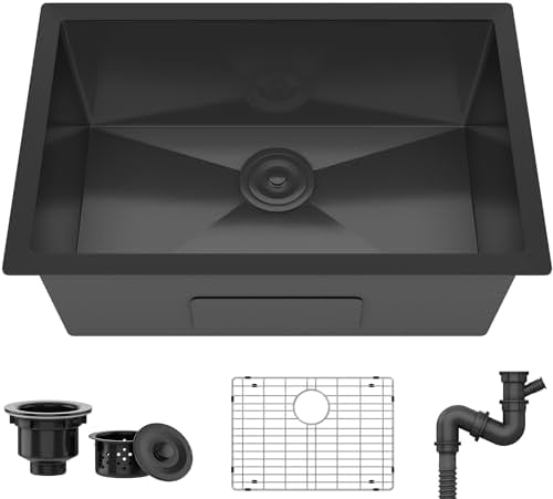 YITAHOME Lavello da Cucina in Acciaio Inossidabile Nero ad Incasso Singola Vasca 66x45.7x2|8 cm con Cestello e Scarico