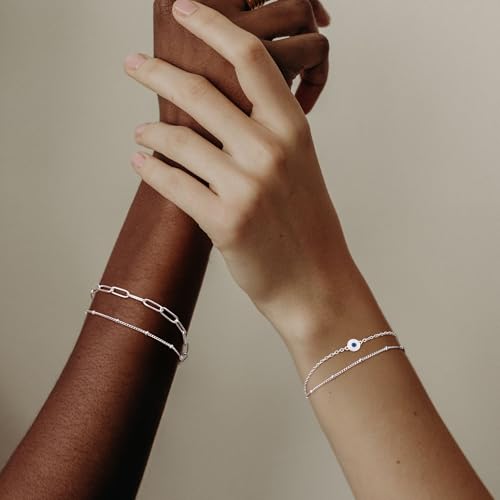 MILACOLATO 925 Sterling Silver Clasp Paperclip Chain Bracelets 14K White Gold Plated Solid Diamond-Cut Paperclip Chain Women Bracelet Adjustable Layered Satellite Beads Bracelets for Women4