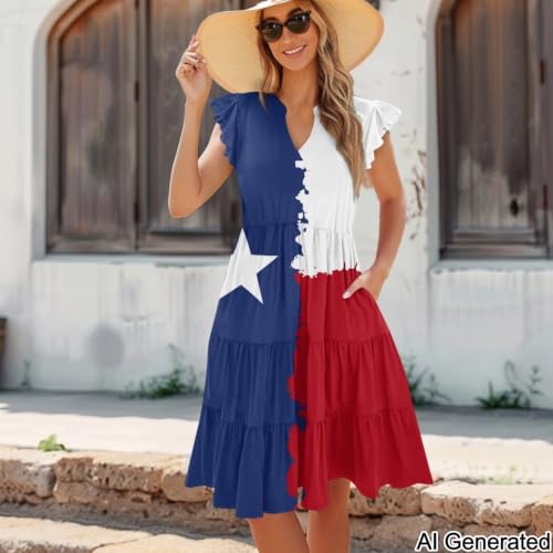 Image of Womens Summer Dress Ruffle Sleeve V Neck Dress Casual Fit Flowy Beach Vacation Sundress with Pocket S-2XL