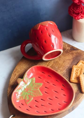 Image of WEAVING HOMES Handcrafted Ceramic Mug 250ml & Dessert Plate Set Strawberry Design Microwave Safe to Gift to Best Friend and Love Og Strawberry Mug & Dessert Plate (Set of 2, Multicolor)