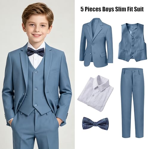 Image of Boys' Formal Suit 5 Piece Slim Fit Suits for Boy Kids Tuxedo Toddler Wedding Ring Bearer Outfit Teen Communion Dress